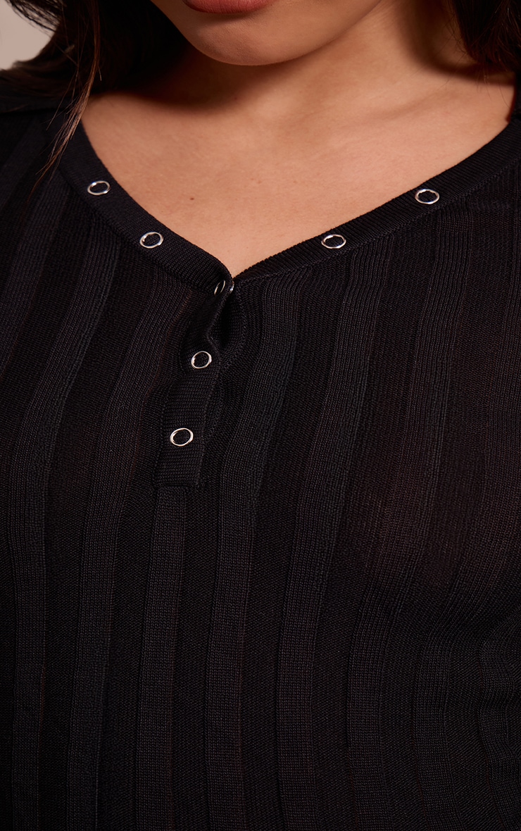 Black Ribbed Sheer Knit Polo Top image 4