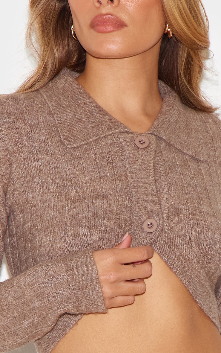 Chocolate Marl Soft Rib Knit Crop Collar Detail Top image 4