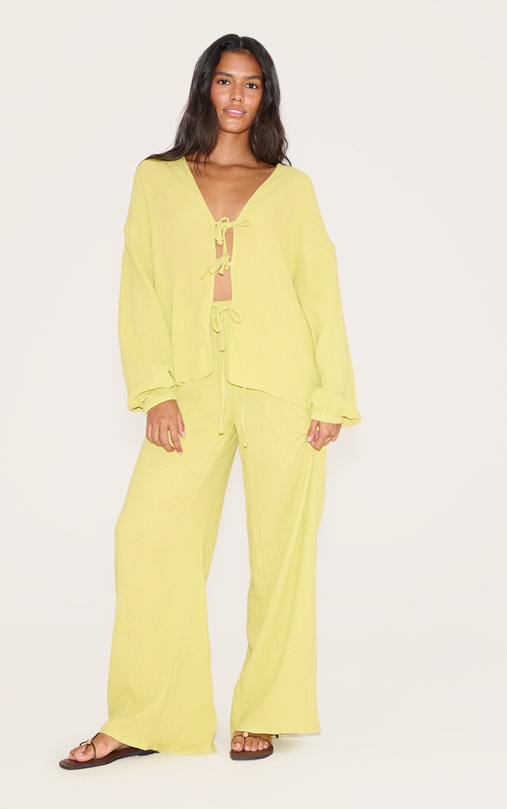 Chartreuse Cheesecloth Textured Tie Front Shirt image 3