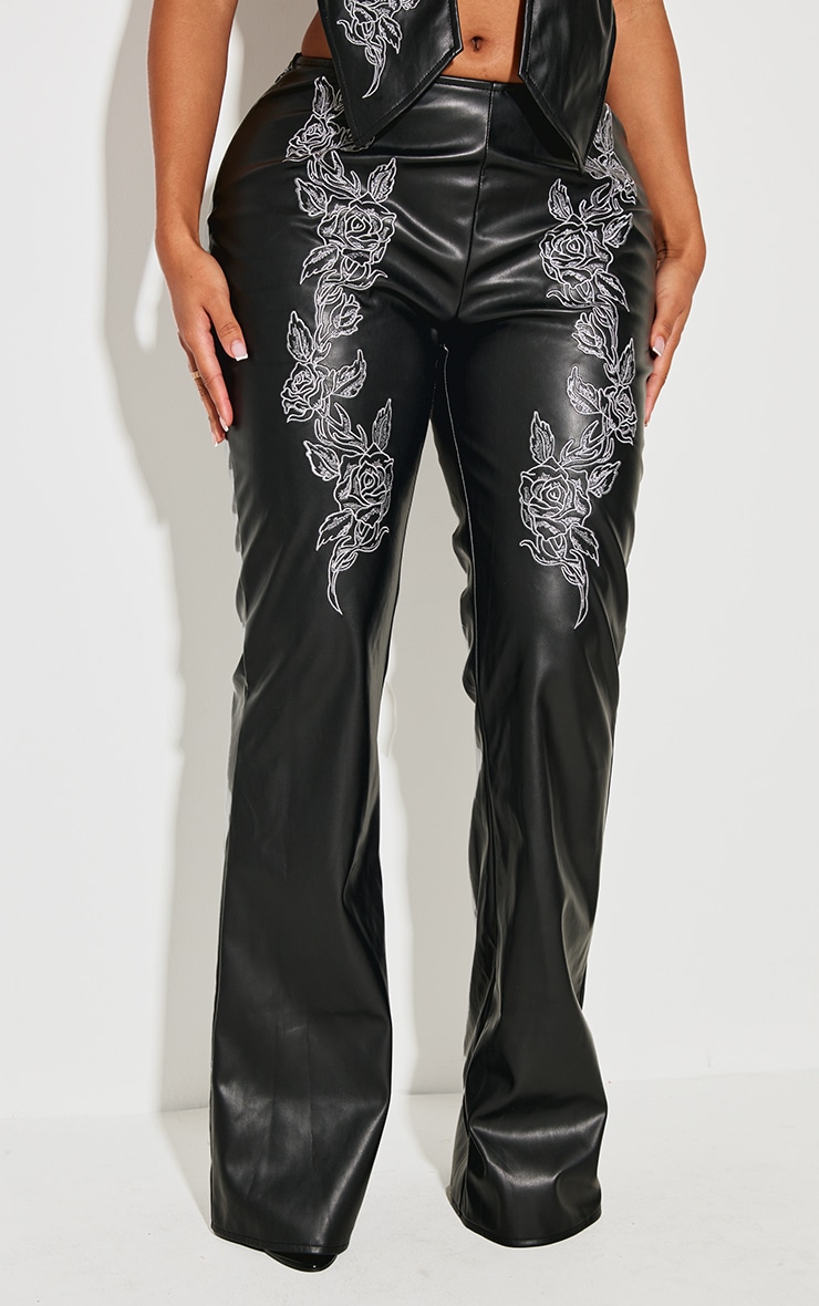 Shape Black Faux Leather Embroidered Flare Trousers image 2