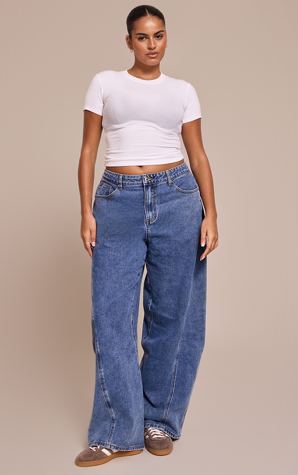 Plus Mid Blue Wash Seam Detail Relaxed Wide Leg Jeans