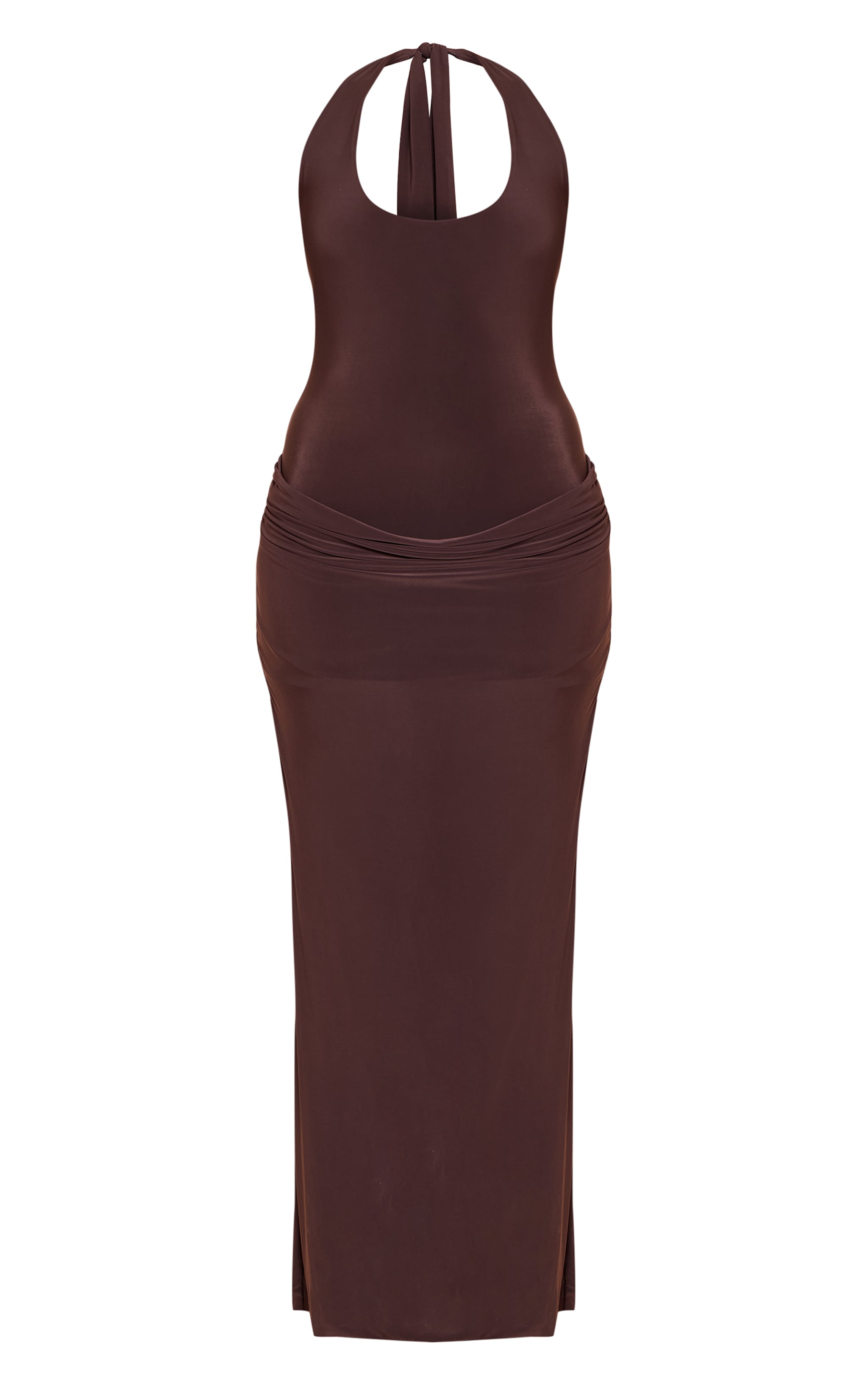 Chocolate Slinky Halterneck Ruched Detail Maxi Dress image 5