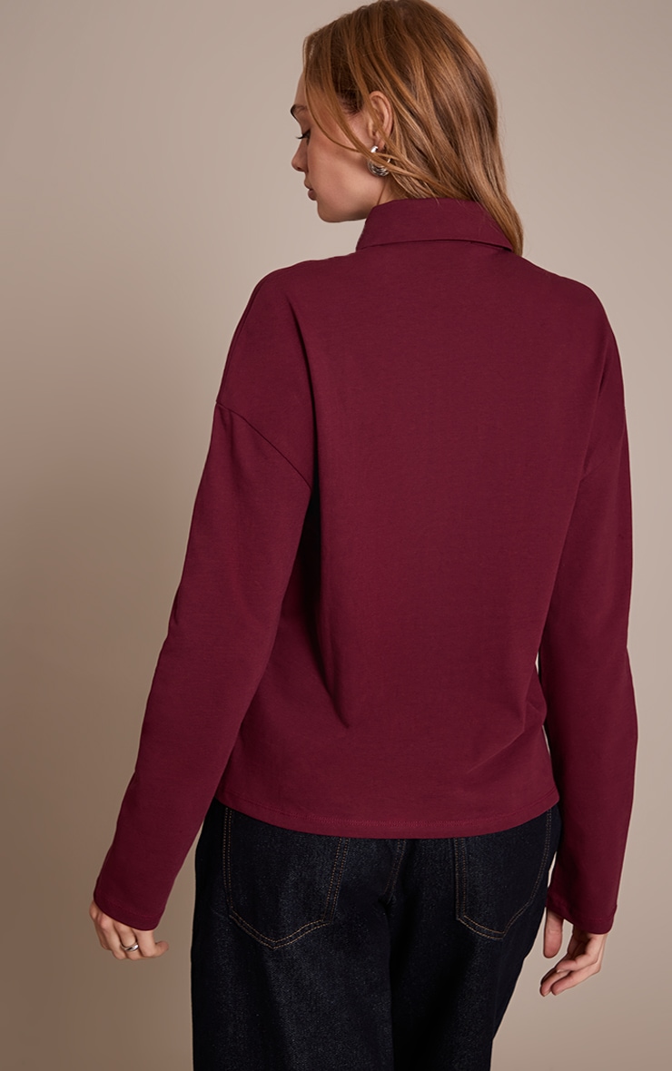Plum Cotton Polo Collar Long Sleeve Top image 2