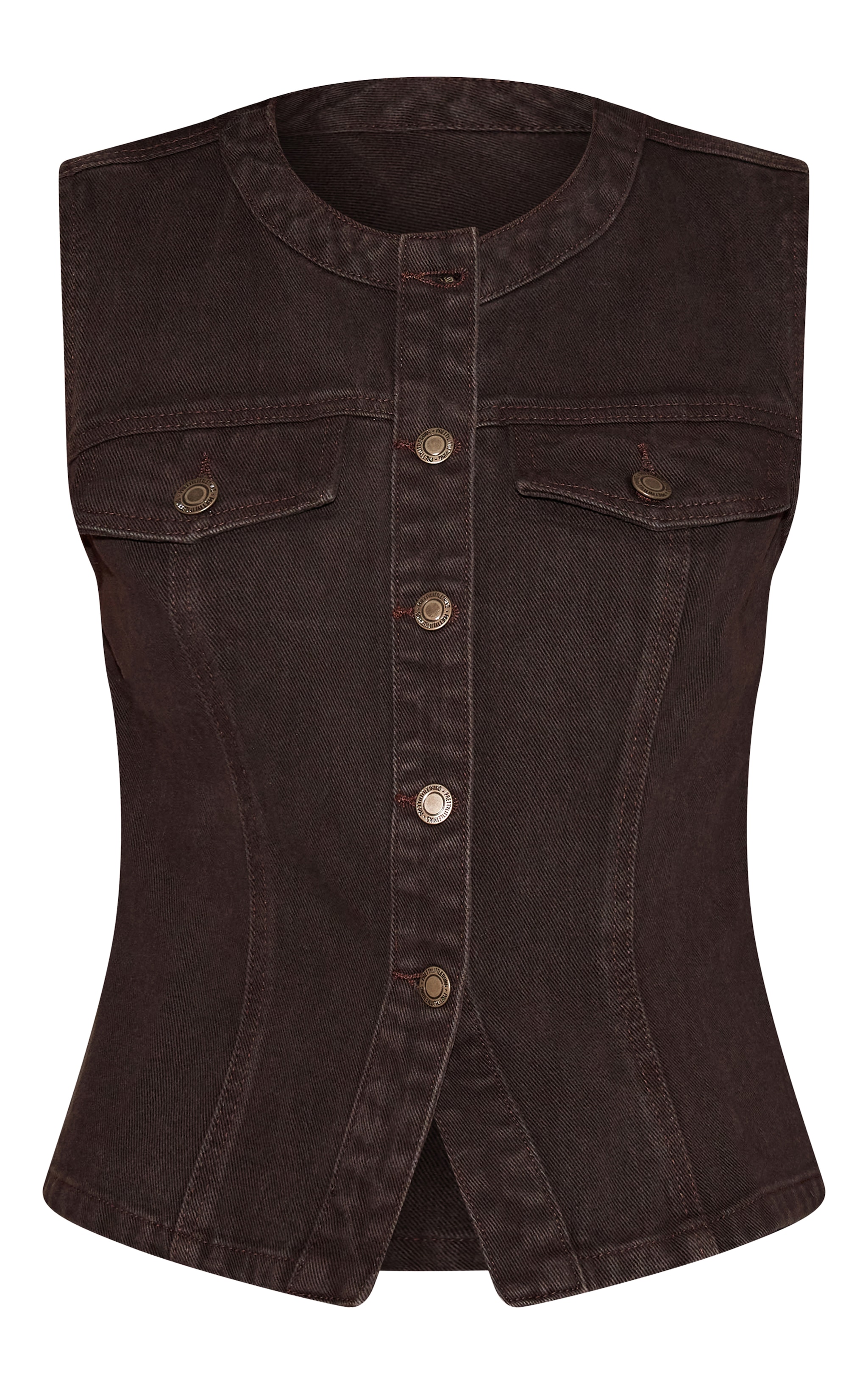 Dark Chocolate Collarless Button Up Denim Top image 5