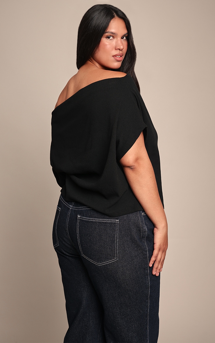 Plus Black Thick Rib Asymmetric Slouchy Long Top image 2