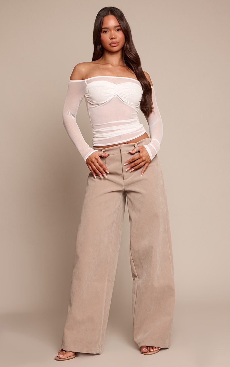 White Sheer Mesh Bust Panel Bardot Long Sleeve Top image 3