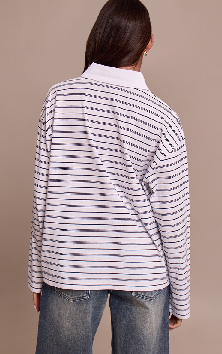 Monochrome Stripe Cotton Polo Collar Long Sleeve Top image 2