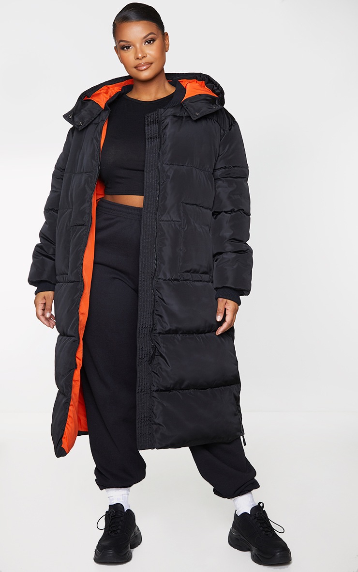Plus Black Maxi Contrast Hooded Puffer Jacket