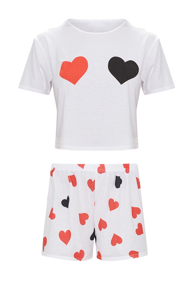 White Heart Print Short PJ Set image 3
