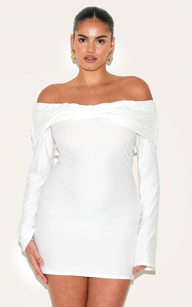 Plus White Soft Touch Twist Detail Bardot Bodycon Dress image 1