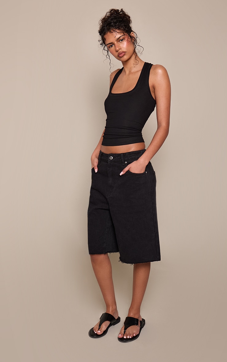 Washed Black Low Rise Longline Denim Jorts