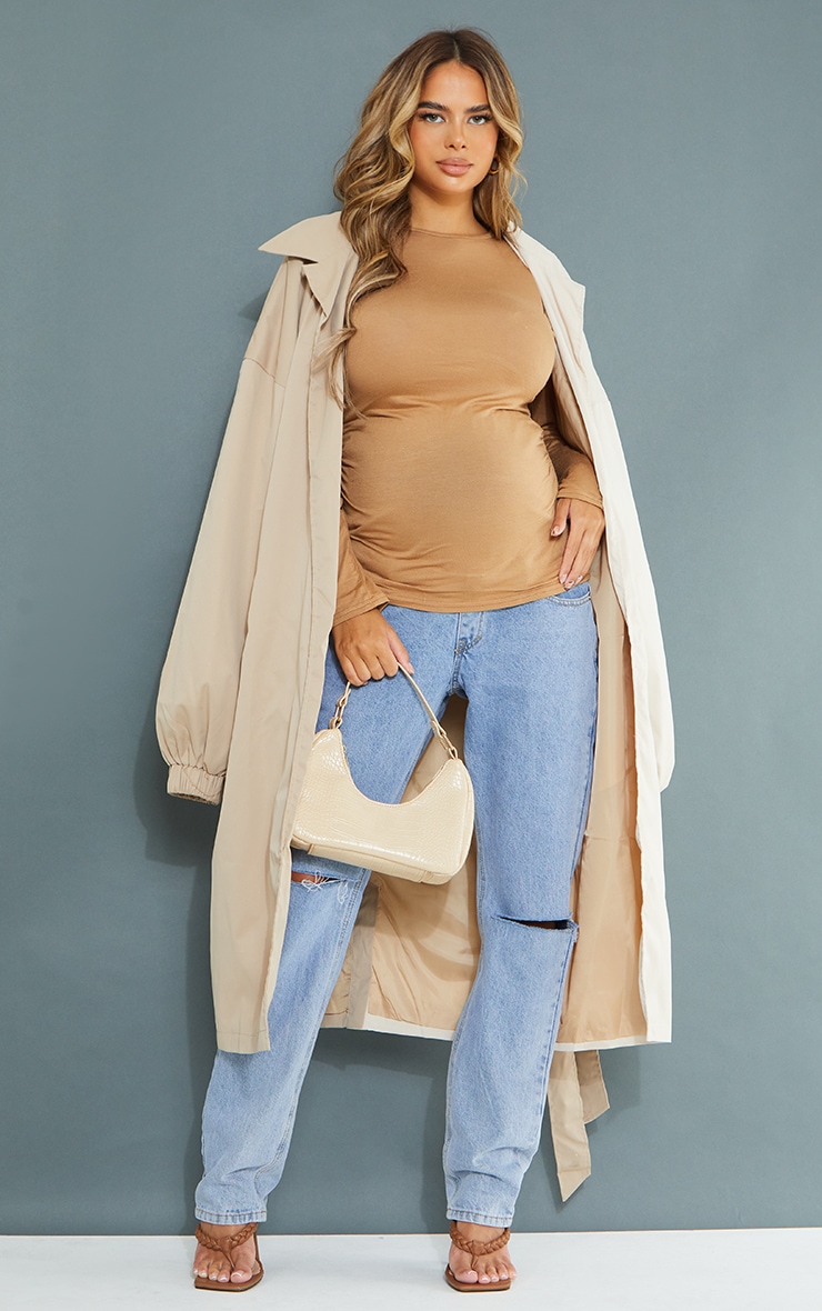 Maternity  Camel Basic Crew Neck Fitted T Shirt image 3