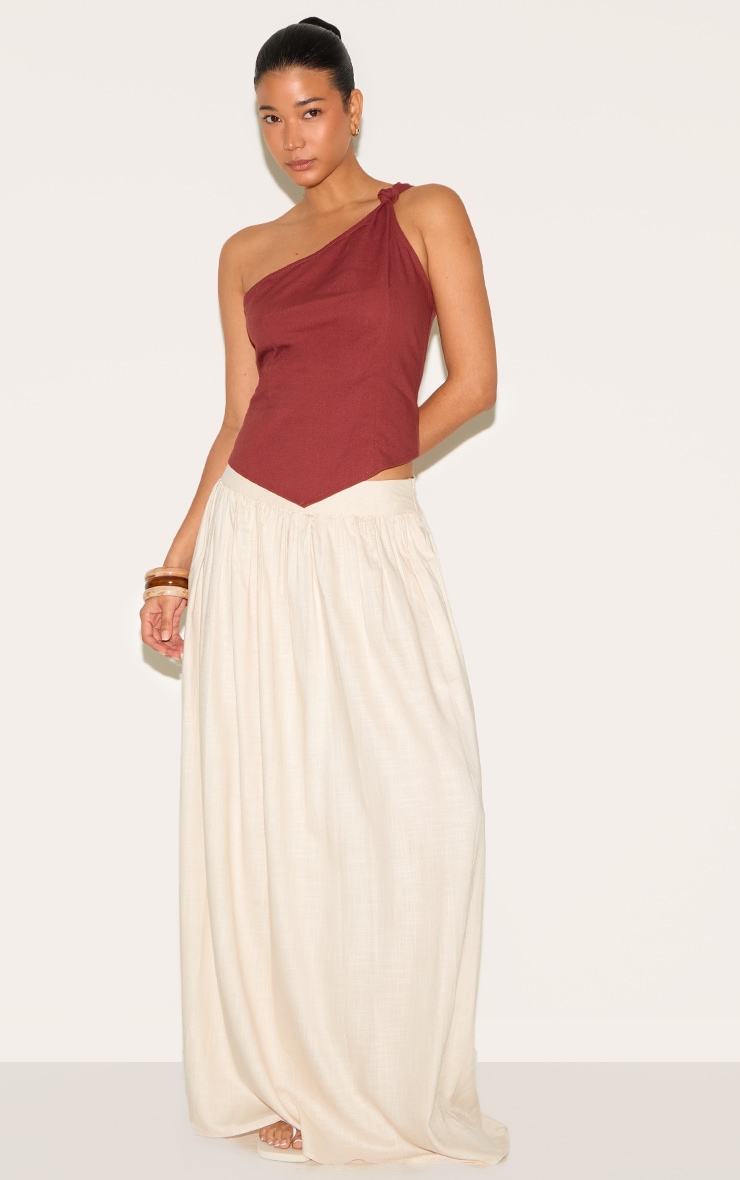 Deep Red Linen Look Neck Detail Long Top image 3