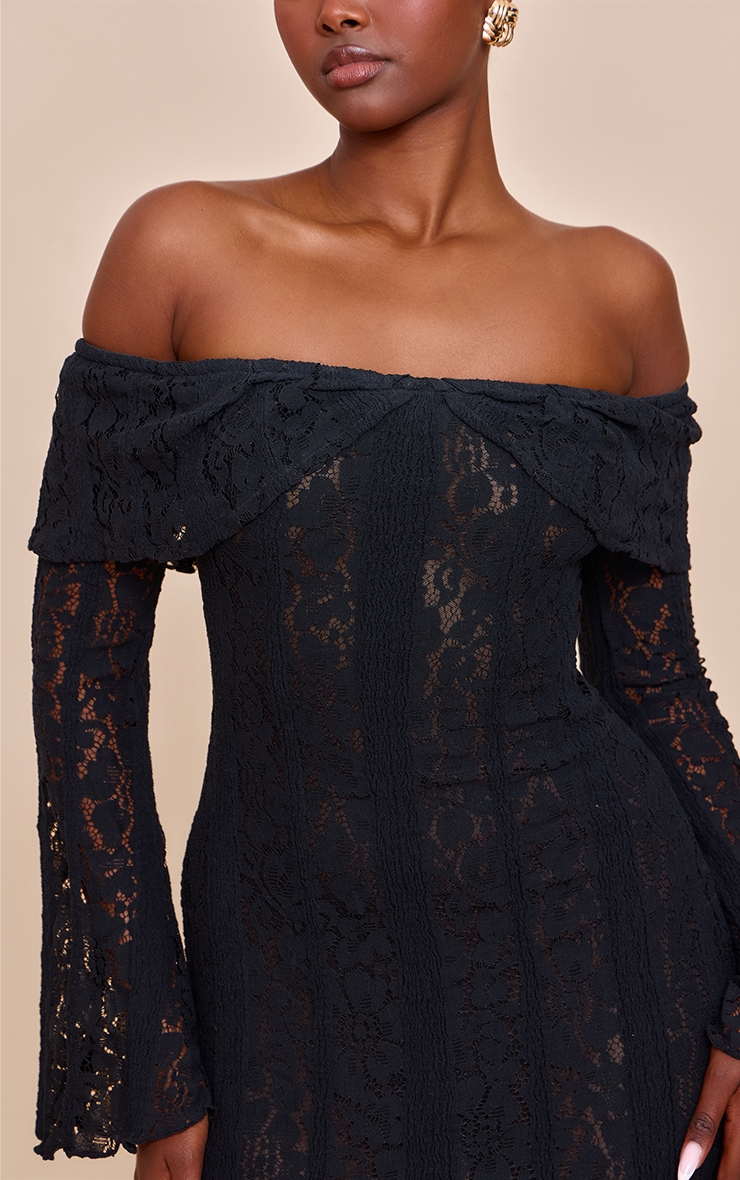 Black Lace Bardot Long Sleeve Mini Dress image 4