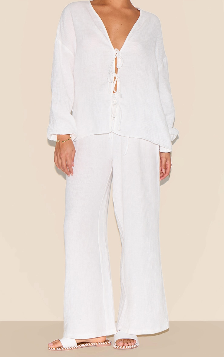 Petite White Cheesecloth Textured Wide Leg Pant image 2