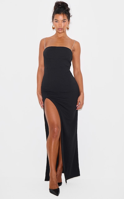 Robe longue noire à armatures et bretelles à strass