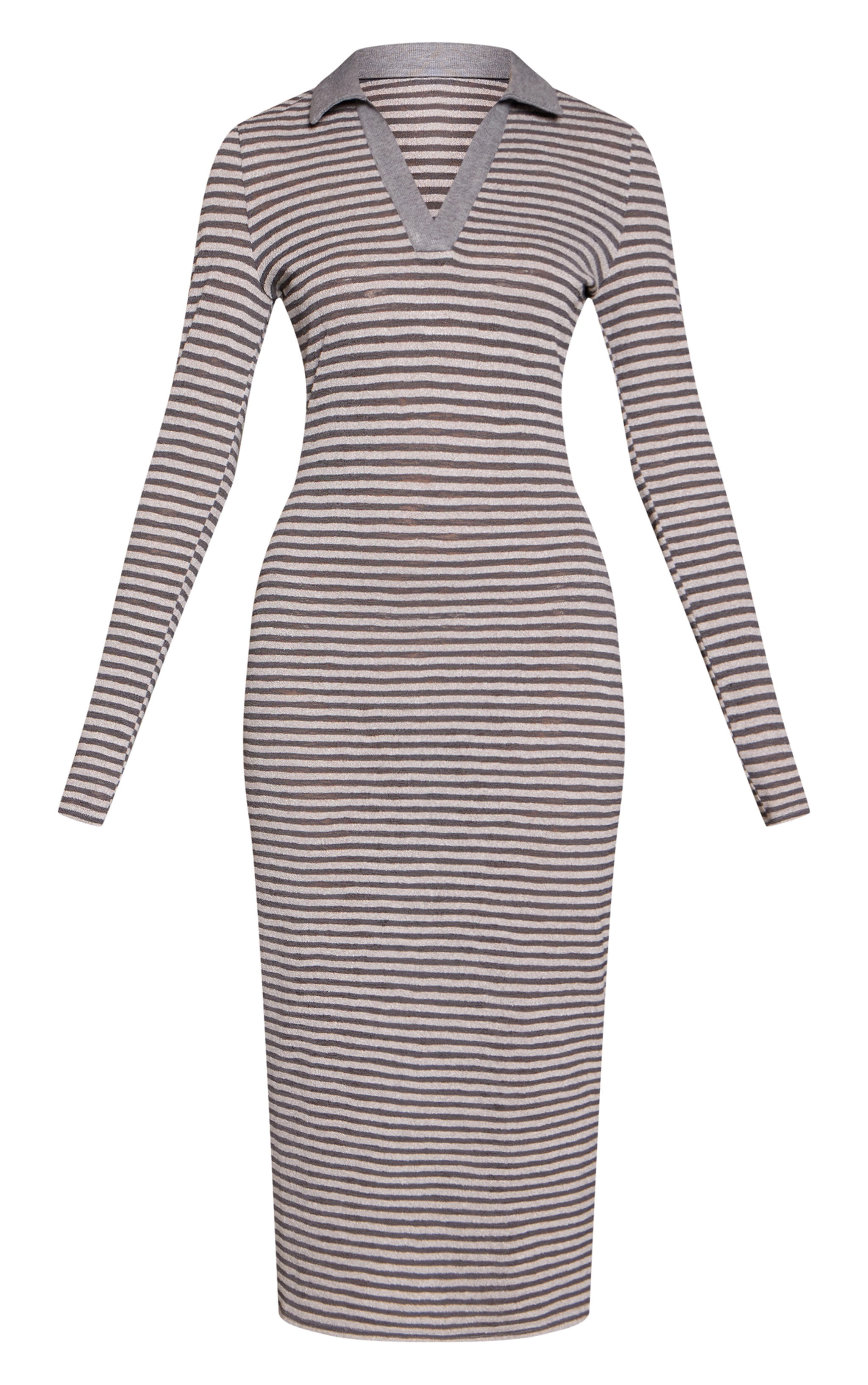 Grey Stripe Ribbed Collar Detail Bodycon Dress image 5