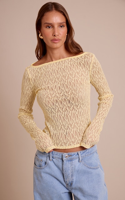 Lemon Textured Sheer Lace Boat Neck Long Sleeve Top