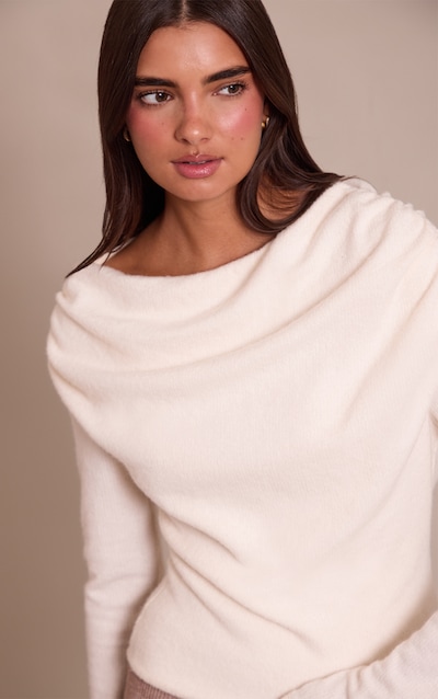 Cream Brushed Slouchy Ruched Long Sleeve Top