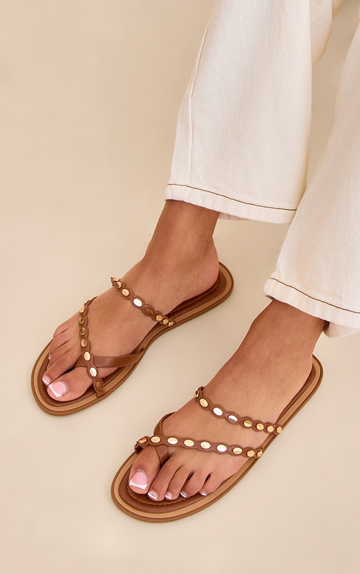 Tan Toe Thong Gold Hardware Sandals image 1