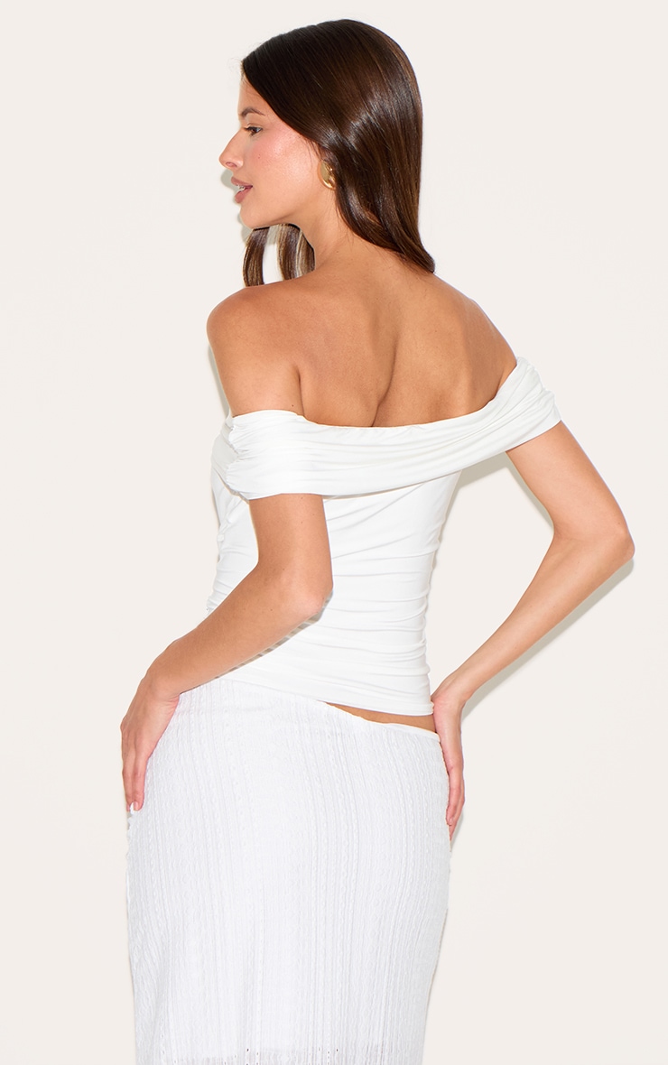 White Double Layer Slinky Trim Detail Bardot Long Top image 2