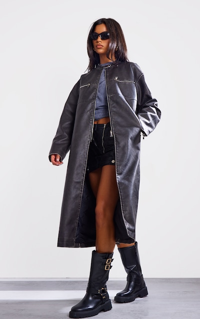 Black Distressed Pu Biker Trench Coat