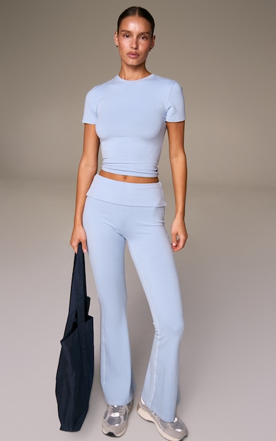 Pantalon flare de yoga en coton doux bleu poudré