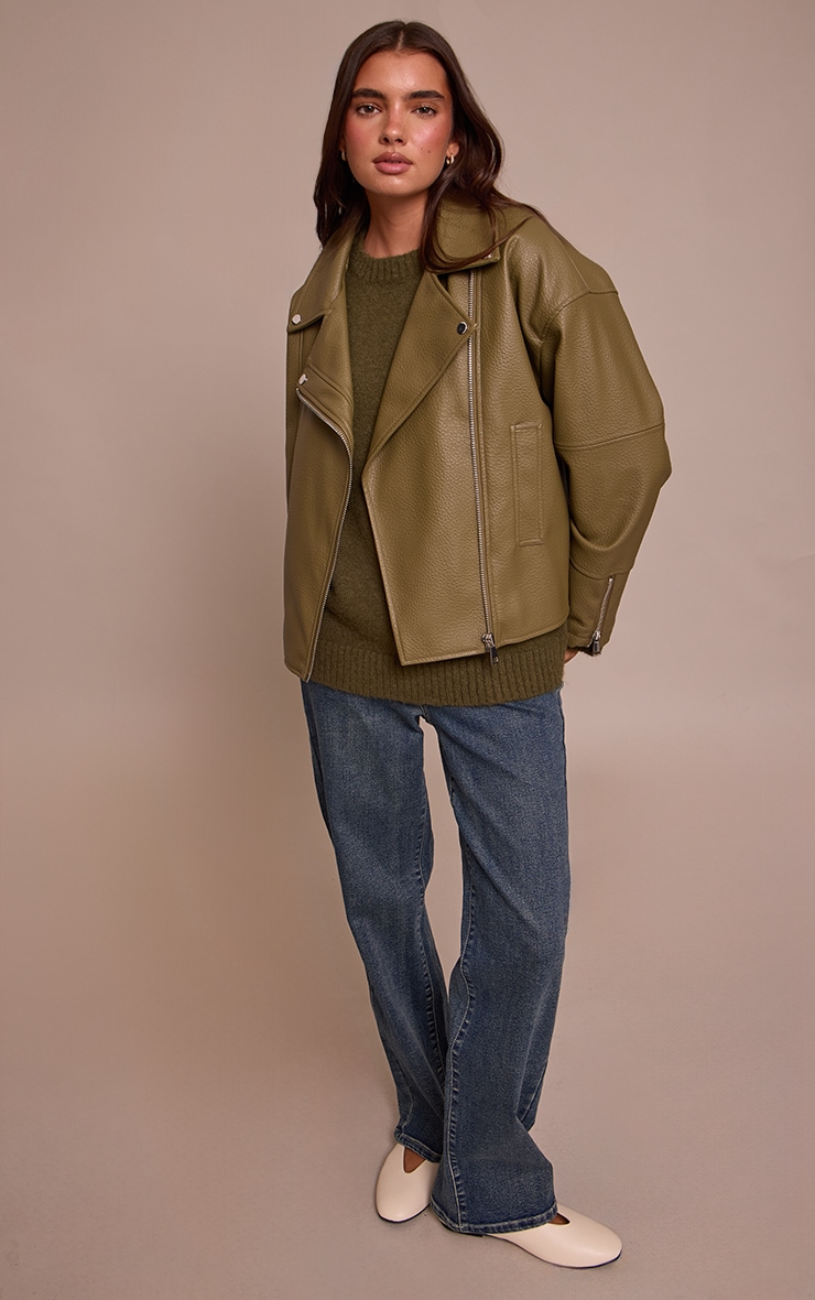Olive Faux Leather Oversized Biker Jacket image 3