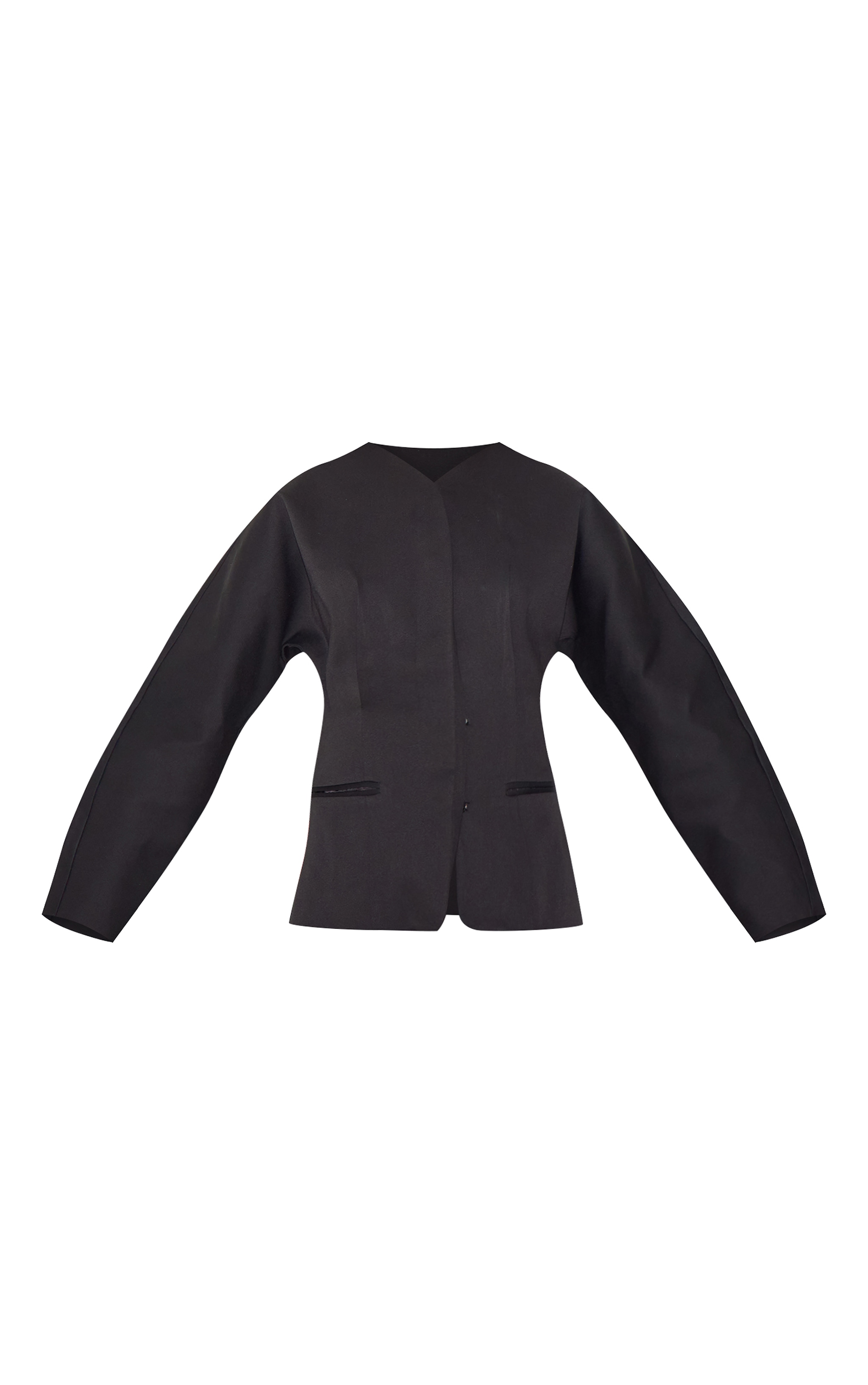 Black Premium Woven Tailored Collarless Detail Blazer image 5