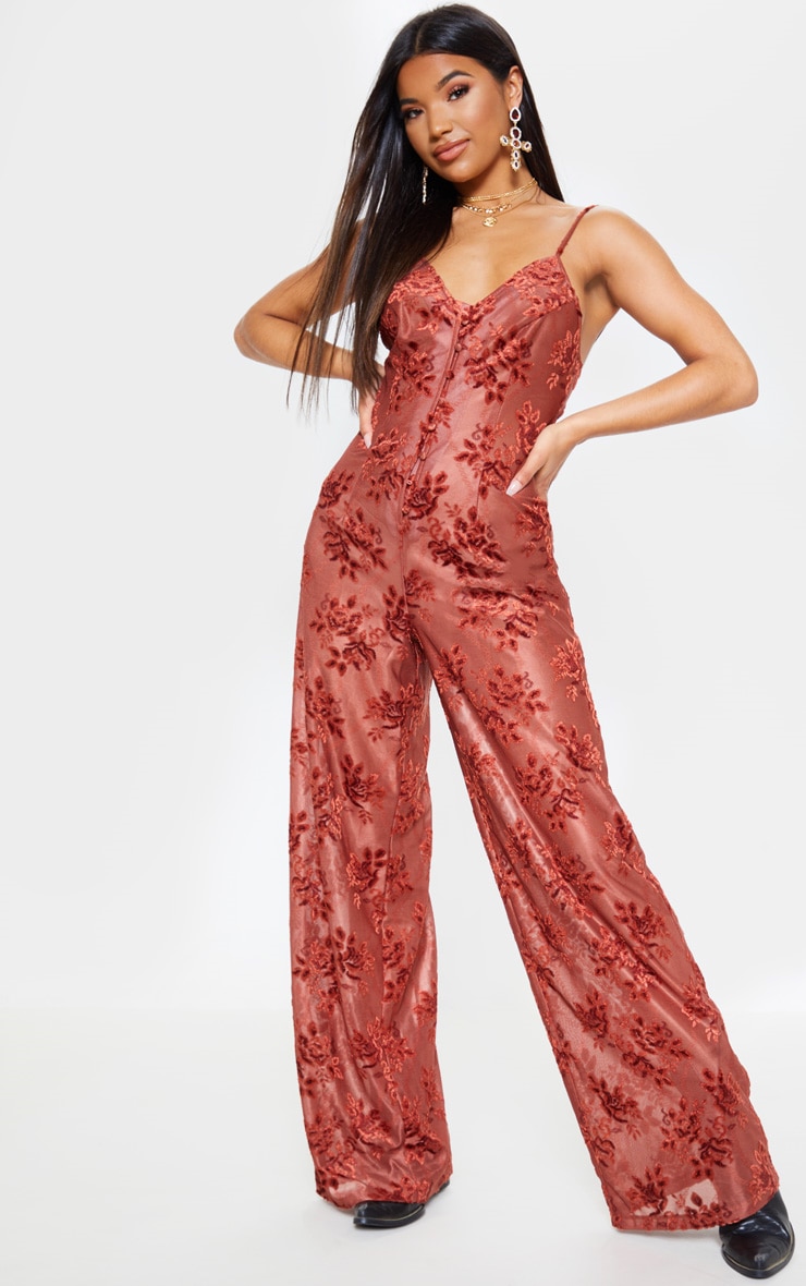 Chocolate Brown Burnout Velvet Button Detail Jumpsuit