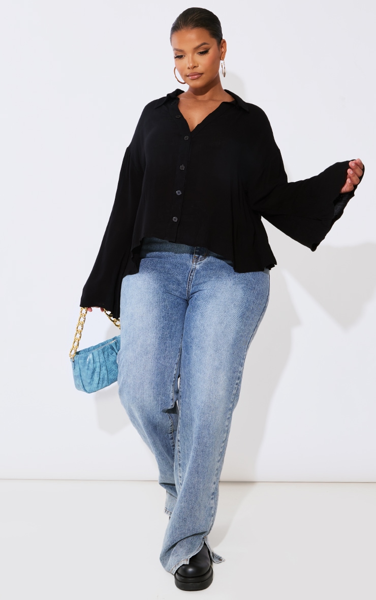 Plus Black Textured Sheer Oversized Sleeve Shirt
