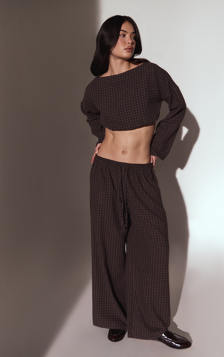 Brown Brushed Check Long Sleeve Crop Top image 3