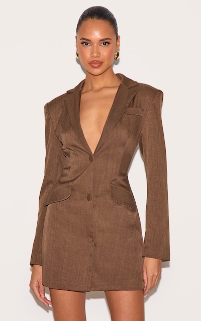 Robe blazer tissée chocolat cintrée à la taille