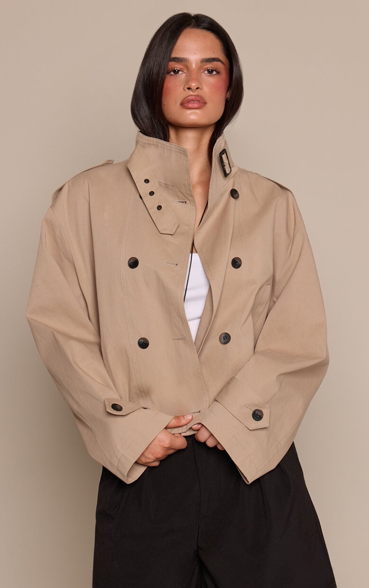 Beige Funnel Neck Balloon Hem Cropped Trench
