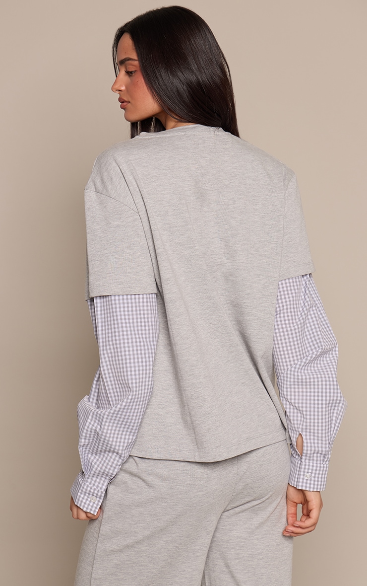 Grey Cotton Checked Shirt Sleeve Detail Oversized T-Shirt image 2