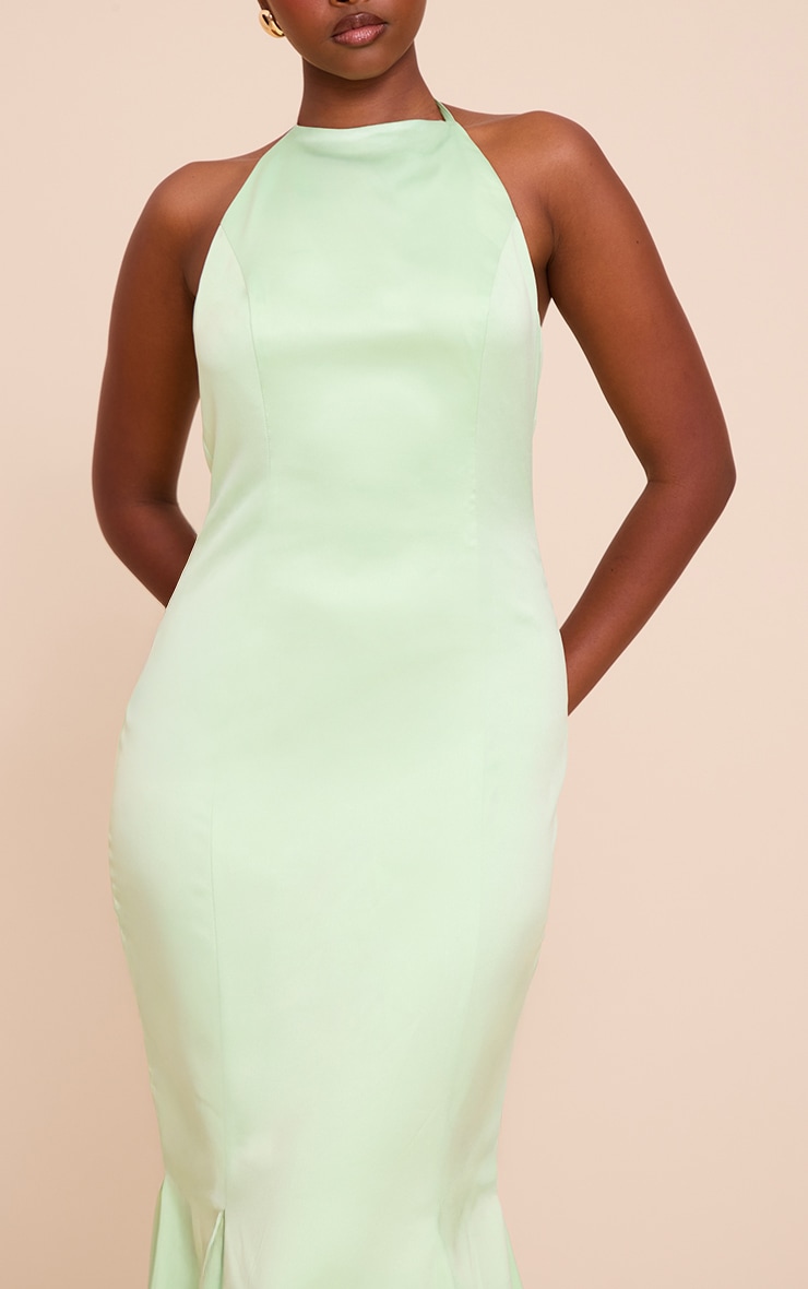 Green Satin Halterneck Puffball Maxi Dress image 4