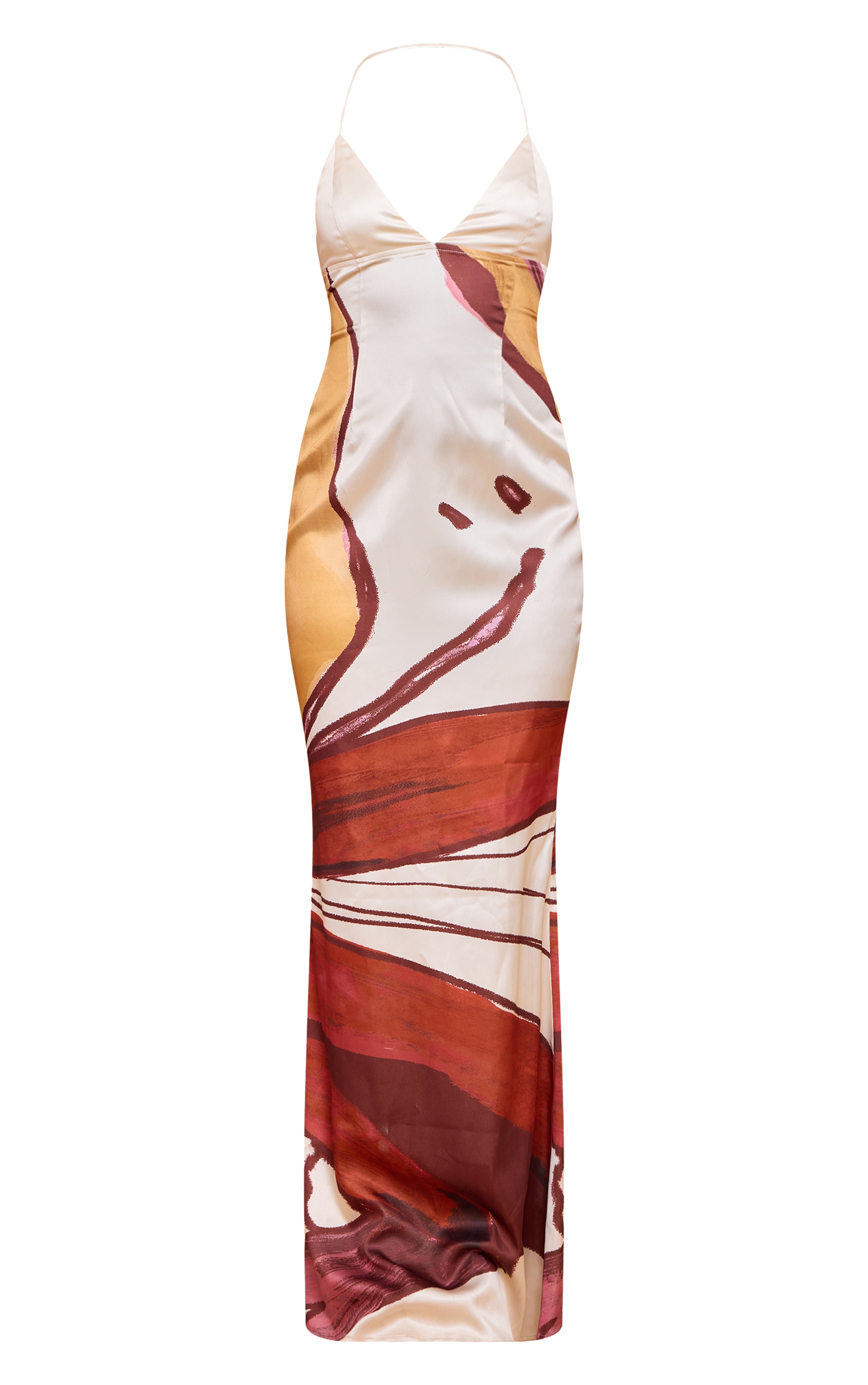 Beige Floral Print Satin Tie Back Maxi Dress image 5