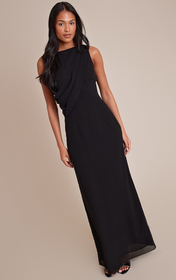 Tall Robe longue drapée en mousseline de soie noire