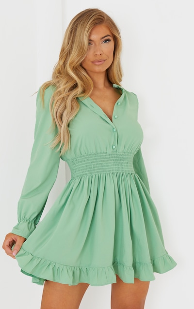 Sage Green Shirred Waist Shirt Dress