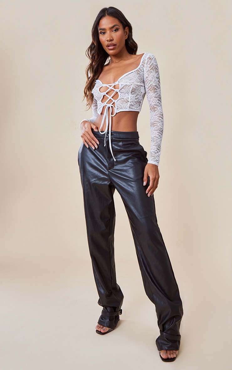 White Lace Tie Up Long Sleeve Top Tops PrettyLittleThing