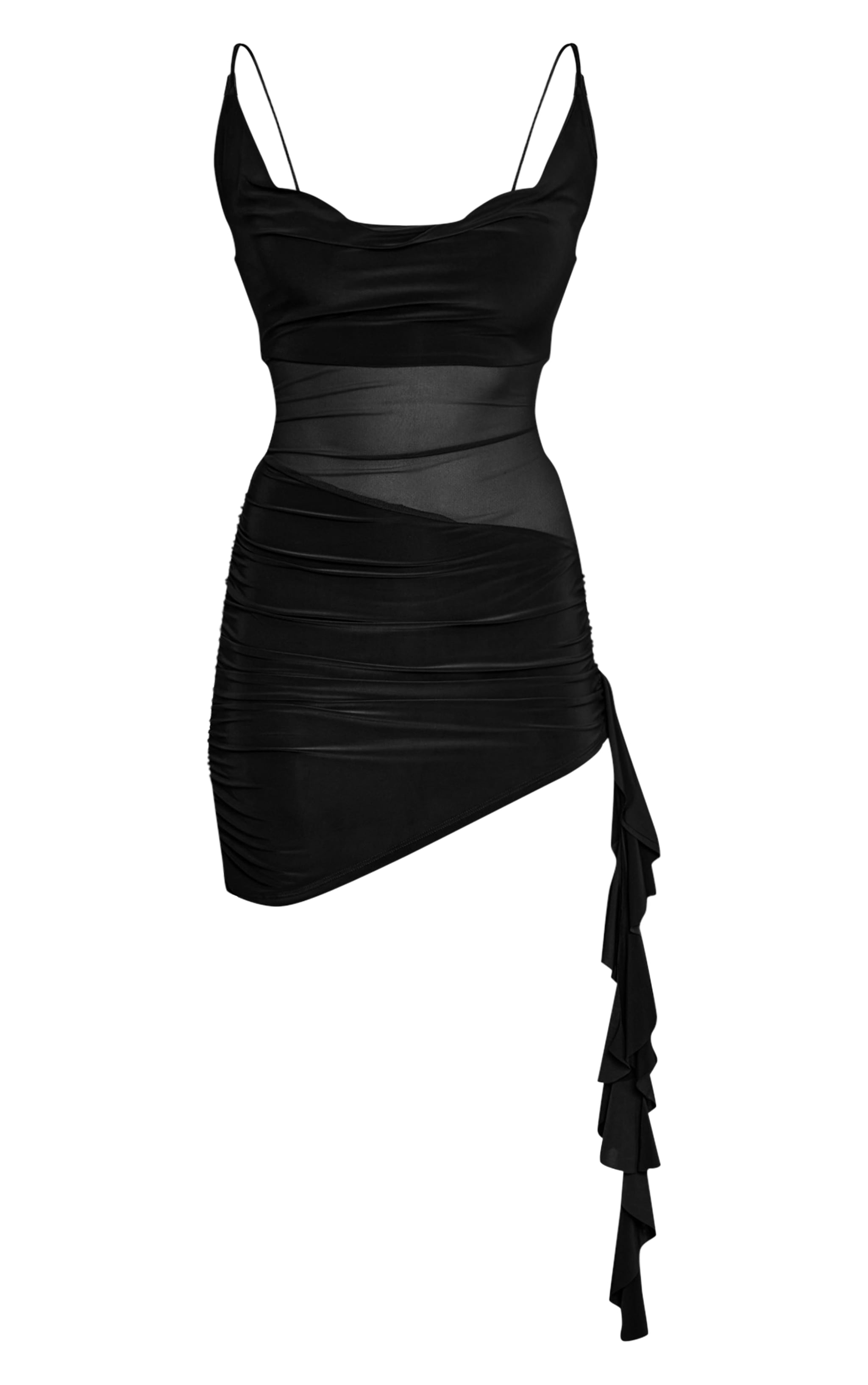 Black Double Layer Slinky Mesh Panel Bodycon Dress image 5
