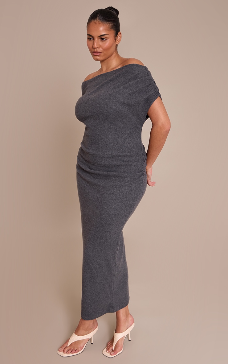 Plus Charcoal Brushed Rib Asymmetric Ruched Detail Maxi Dress image 3
