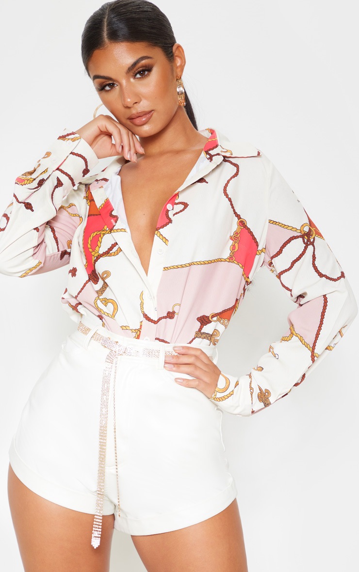 White Satin Rope Print Oversized Shirt