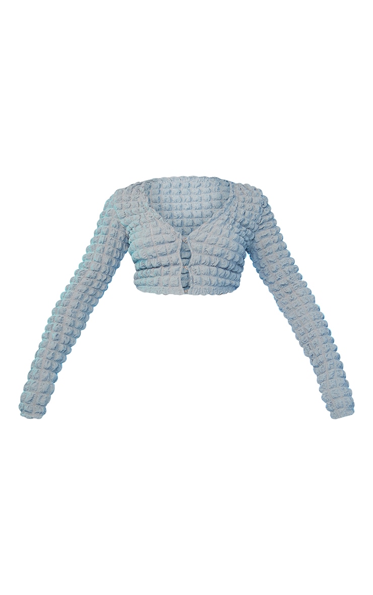 Dusty Blue Textured Woven Hook And Eye Crop Top image 5