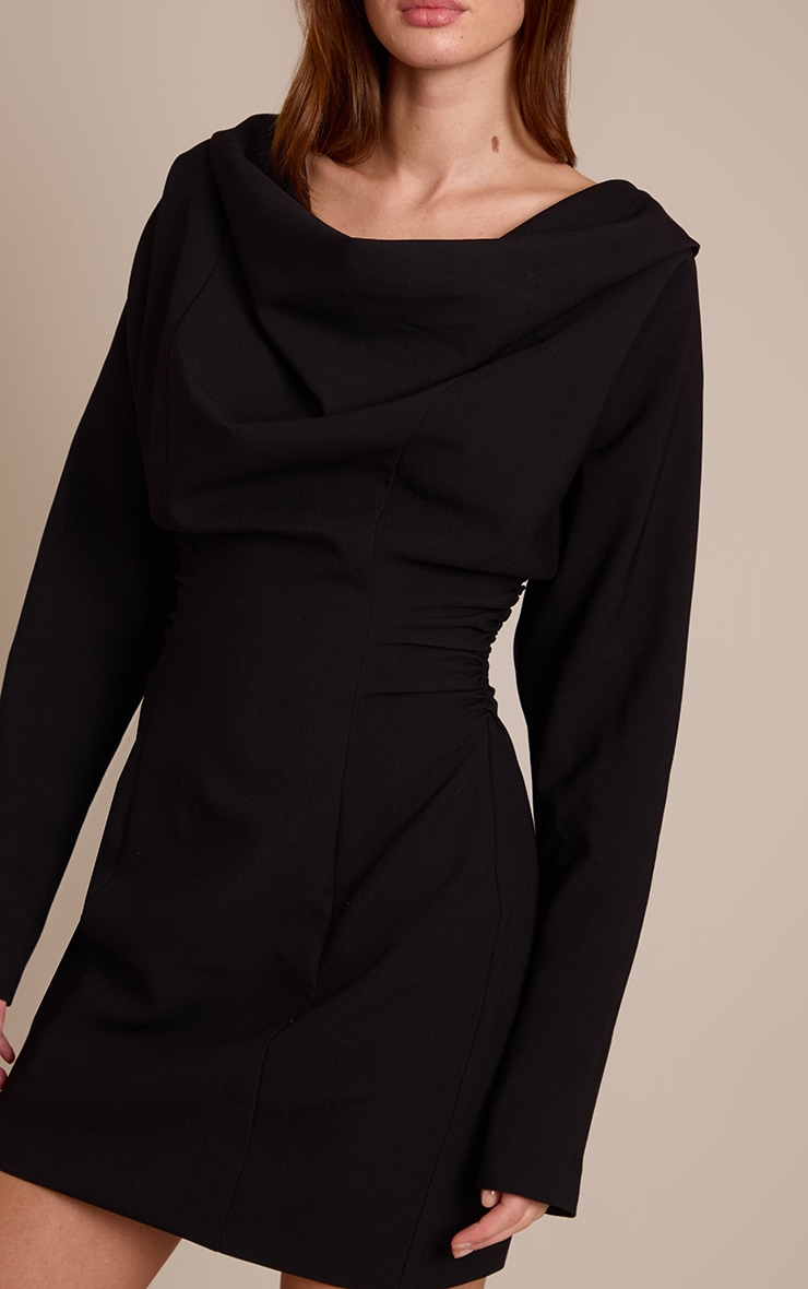 Black Woven Cowl Neck Tailored Dress image 4