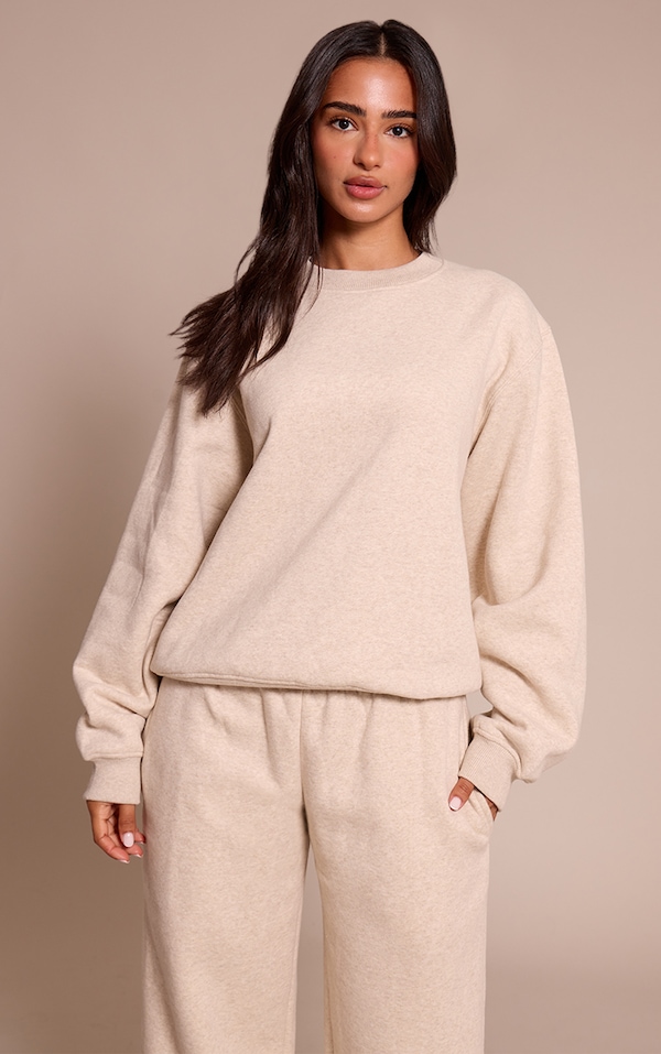 Sweatshirt oversize ras-du-cou en maille tricot molletonnée de coton couleur avoine Petite
