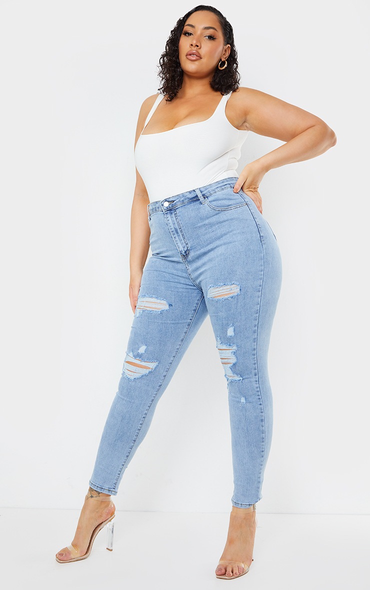 PRETTYLITTLETHING Plus Vintage Wash Distressed 5 Pocket Skinny Jeans