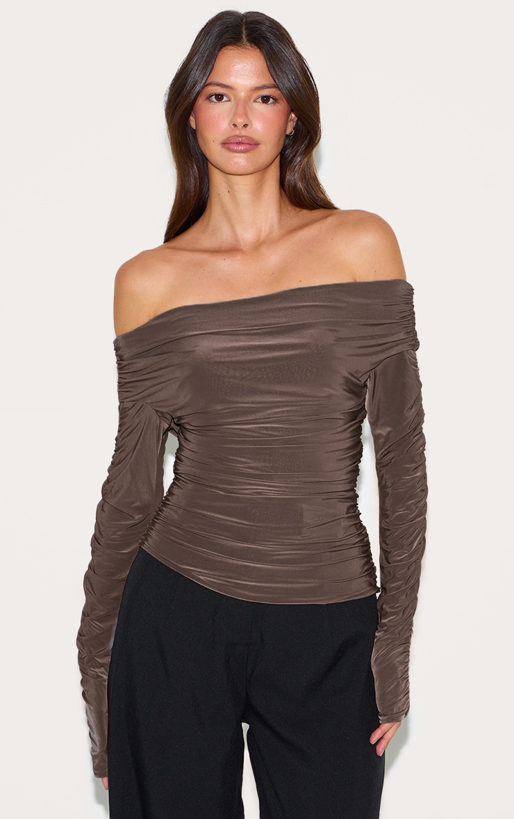 Charcoal Double Layer Slinky Ruched Detail Bardot Long Sleeve Top image 1