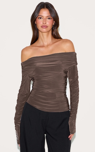 Charcoal Double Layer Slinky Ruched Detail Bardot Long Sleeve Top