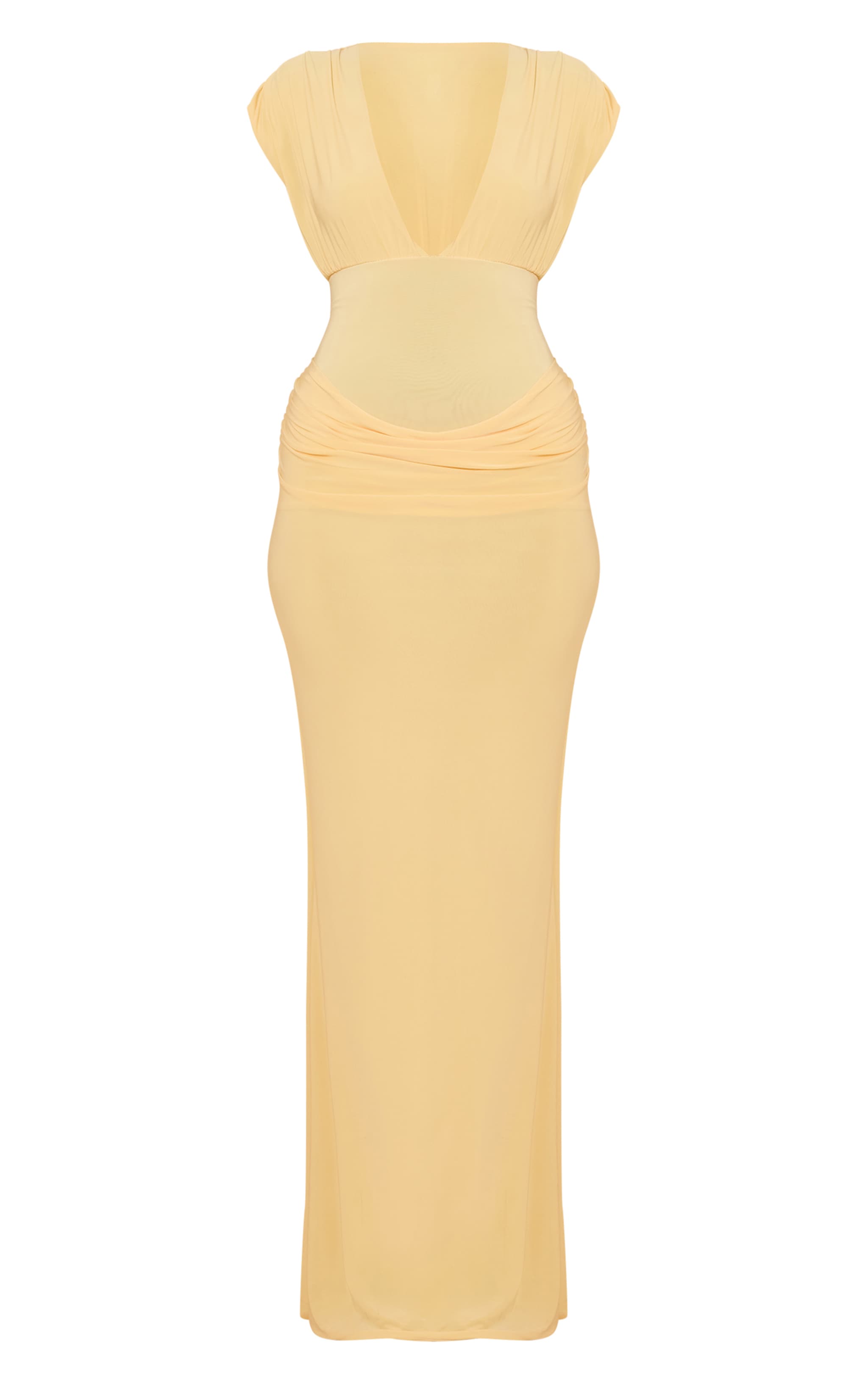 Robe longue doublée jaune citron décolletée à épaules froncées et partie superposée drapée sur la taille image 5